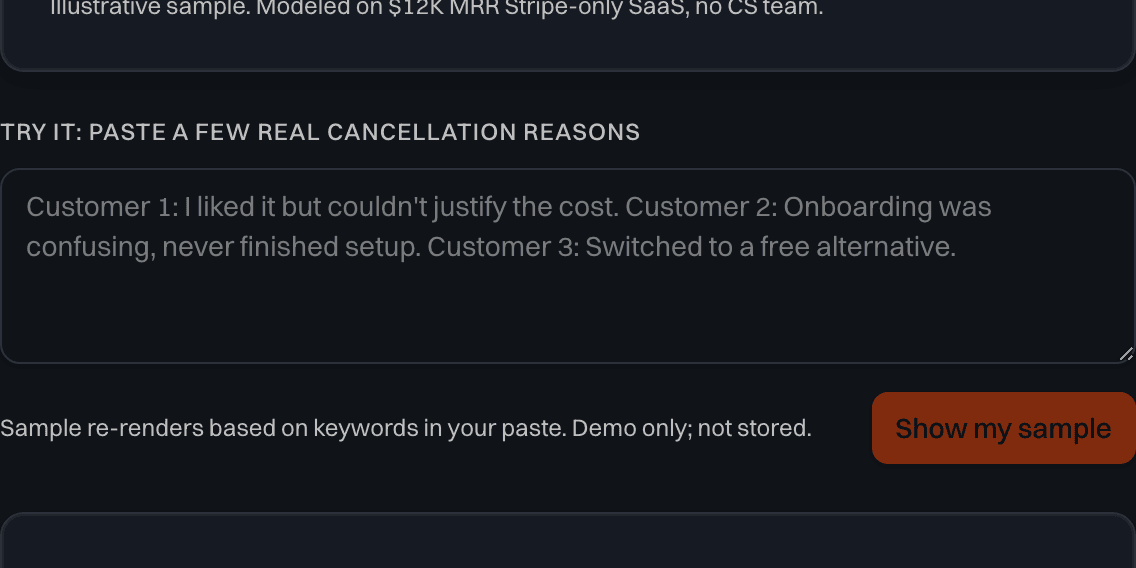 RetentionCheck input box with a few pasted cancellation reasons