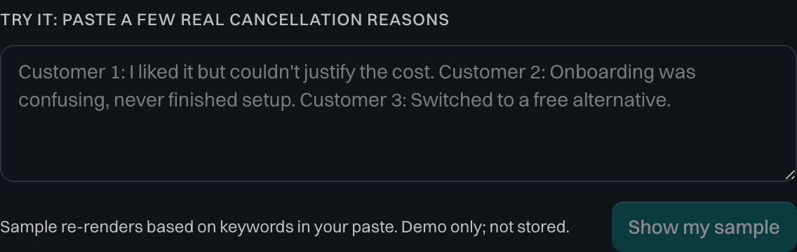 RetentionCheck input box with a few pasted cancellation reasons