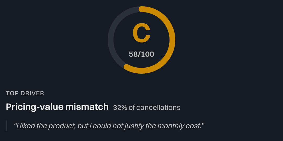 Churn Health Score gauge showing a C grade with the top churn driver and a customer quote
