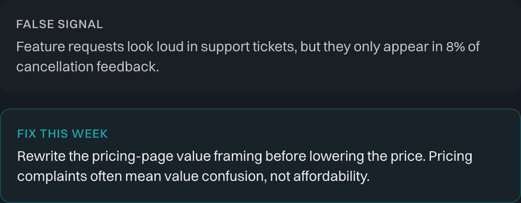 A 'fix this week' recommendation next to a false-signal callout